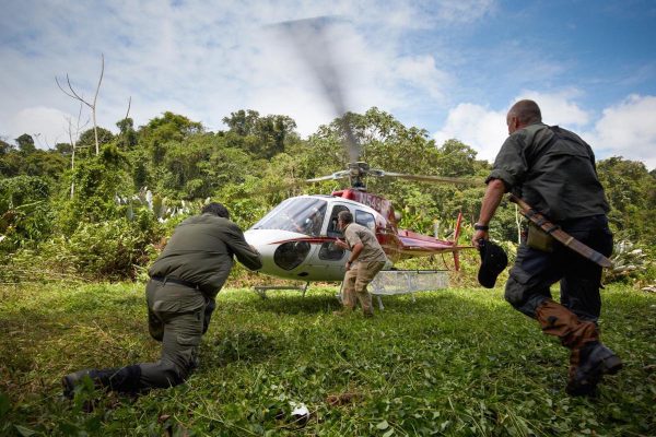 helicopter carrying a team of scientists
